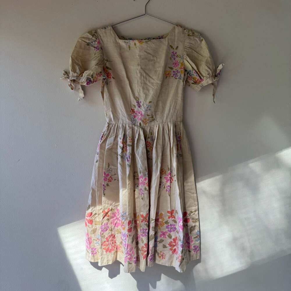 Vintage 1950s Puff Sleeve Floral Print Cotton Midi Day Dress - Picture 7 of 12